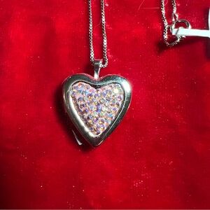 Silver heart locket pink Swarovski crystals 18” silver chain